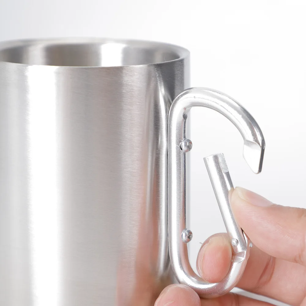 330ml Stainless Steel Camping Cup Carabiner Handle Portable Travel Coffee Mug Hiking Backpacking Outdoor Picnic Drinkware Gear
