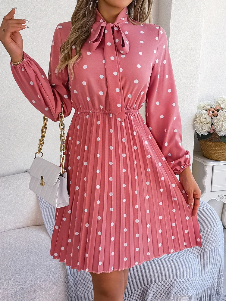 

Pink Polka-dot Waist Lace-up Princess Dress Long-sleeved Pleated Skirt Spring and Summer Temperament Birthday Dress for Women