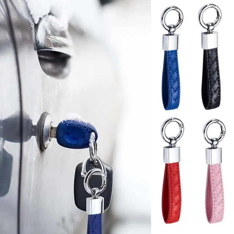 Genuine Leather Plaid Keychain Handmade Wrist Strap 4 Colors Black Buckle Car Key Ring Chain Holder Jewelry Gift Car Accessories