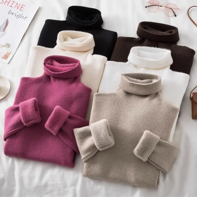 2023 Winter Plus Thick Velvet knit Sweater Bottoming shirt Velvet lining Warm Pullover Sweater female Fashion Thick Sweater image 6