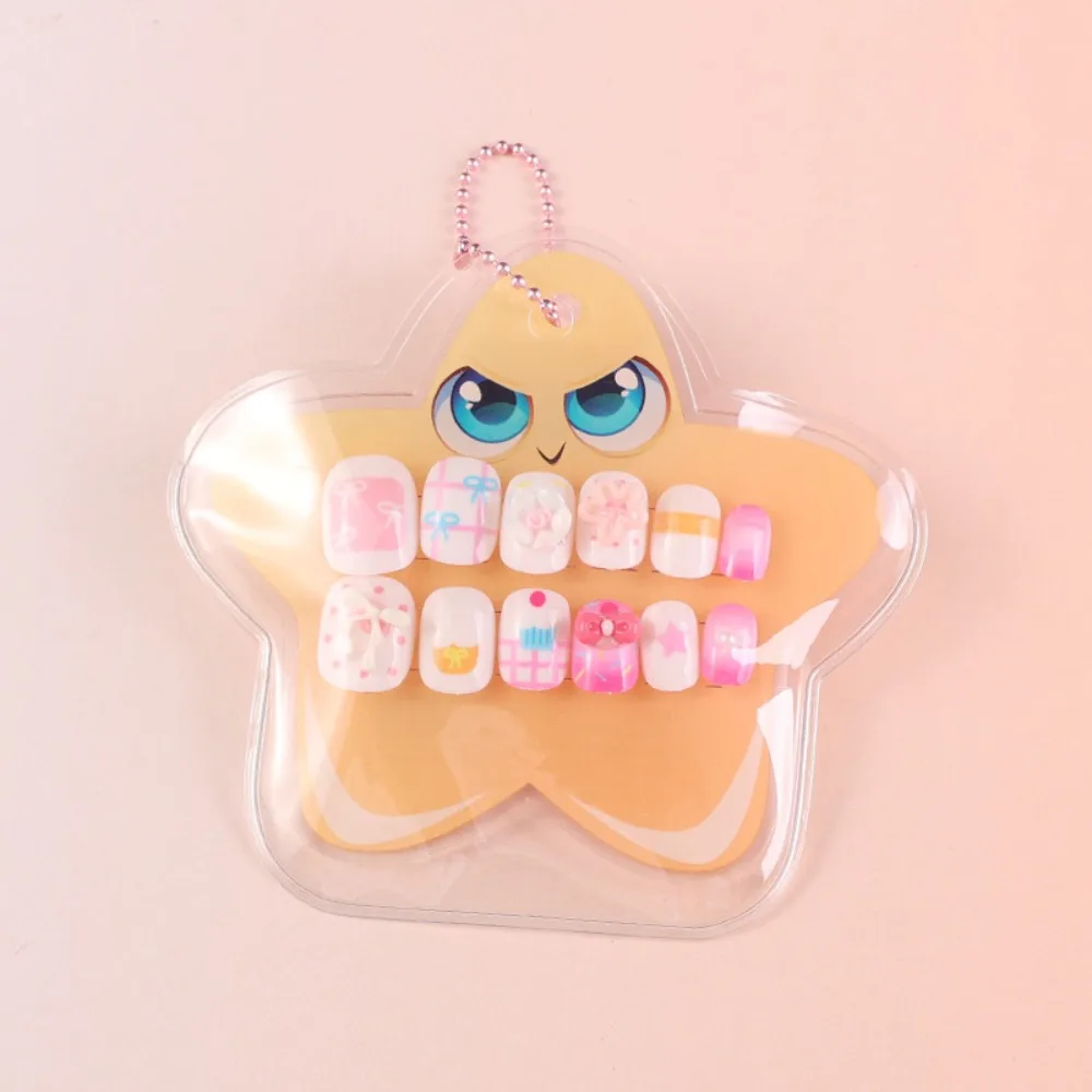 12pcs New Pre-glued Children Wearing Nails Cartoon Bow Cake Long Nail Sticker Detachable Sweet Press on Nail for Girls Students