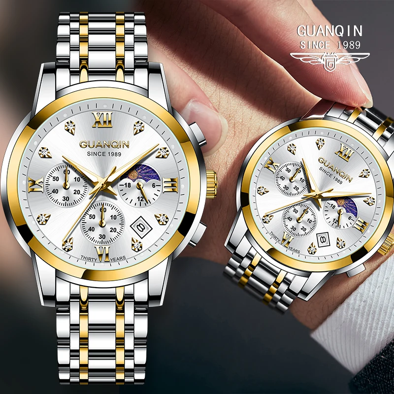 guanqin-メンズ腕時計ハイエンド高級ビジネススチールバンドスポーツクロノグラフクォーツ腕時計ムーンフェイズファッションマンストップクロック
