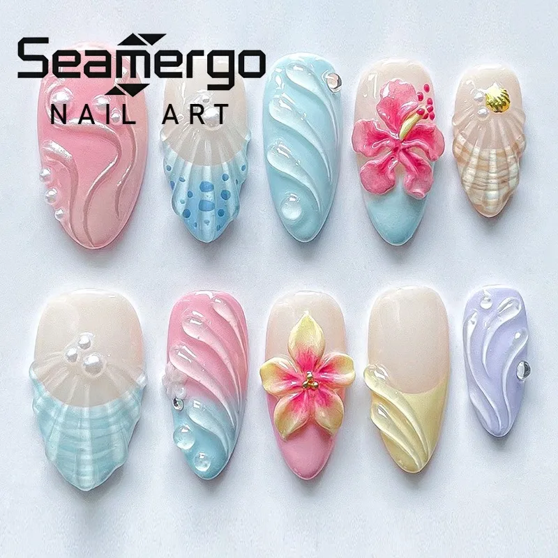 

24PCS Summer Blue Ocean Almond Press on Nails Pink 3D Flowers Shell French Fake Nails for Women with Pearl Simple Nails Wearable
