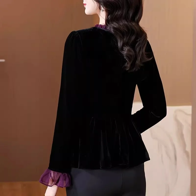 الراقية الذهب المخملية قميص مزاجه أمي بلوزة لخريف وشتاء ، المرأة الأنيقة كبيرة الحجم سليم صالح الأعلى w1656 #5