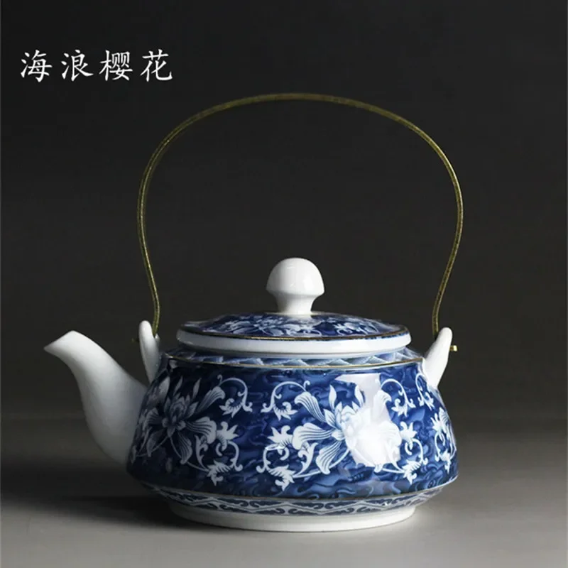 Chinese Jingdezhen Blue and White Porcelain Teapot, Coffee Pot, 600ml Copper Girder Tea Pot, Home Ceramic Teaware, High Quality