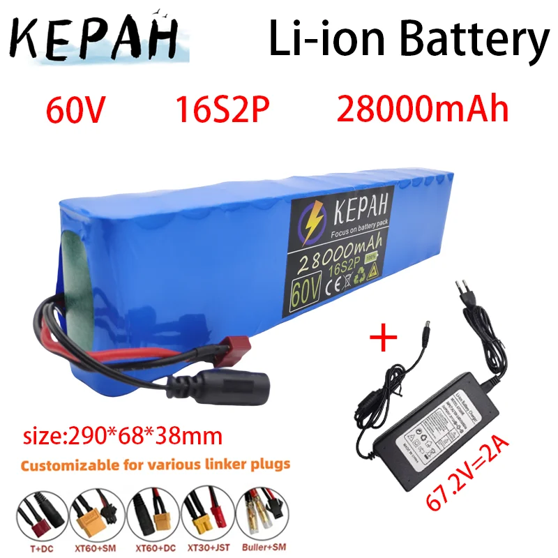 60V 16S2P 28Ah 18650 Rechargeable Li-ion Battery Pack 67.2V Lithium Ion 28000mAh Ebike Electric Bicycle Scooter with BMS,Charger
