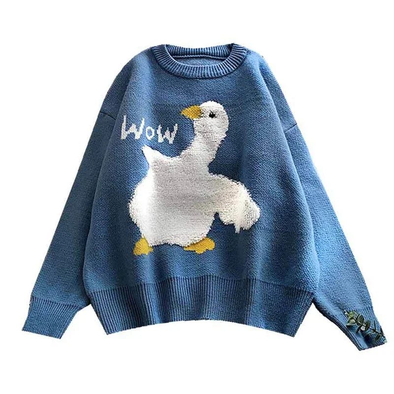 Cartoon Duck Print Knitted Sweater Women Sweet Cute Loose Korean Fashion Casual O Neck Long Sleeve Pullover Jumper Female Pull