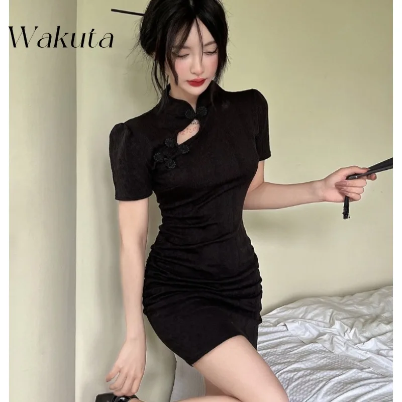 WAKUTA Japanese Retro Round Neck Short Sleeve Hollowed Out Bodycon Dress Fashion Waist Thin Cheongsam Party Dresses فساتين ٢٠٢٢