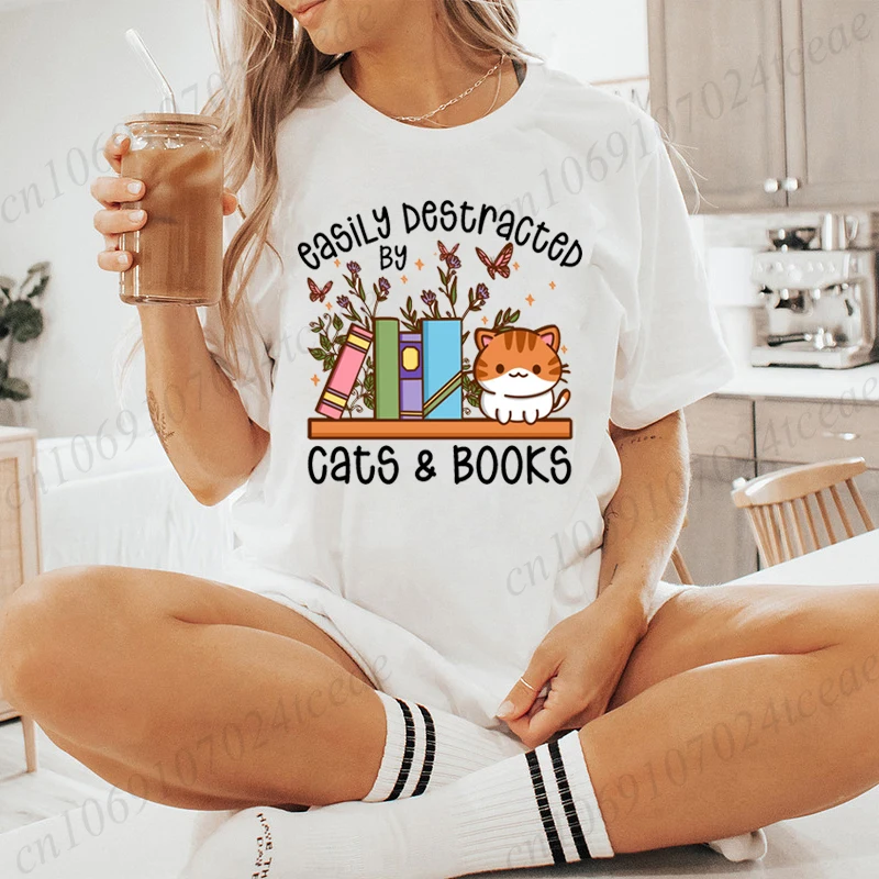 Easily Distracted By Cats & Books Tees Tops  Floral Cat Shirt Women Fashion Tshirt Oversize Summer Tshirt Short Sleeves Clothing