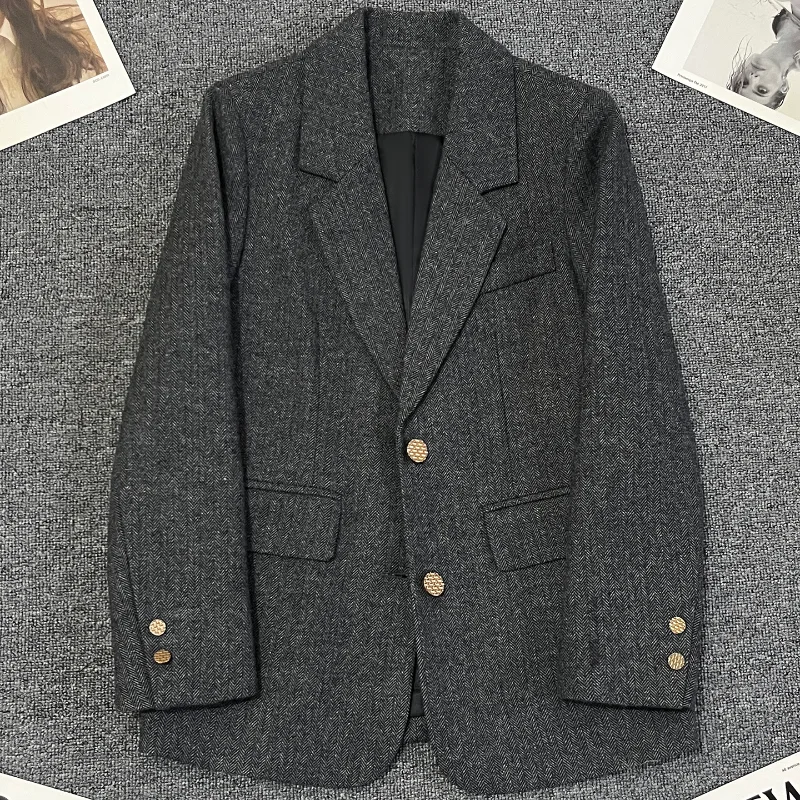 

Grey Woolen Suit Jacket for Women's Autumn Winter Fashion Commuting Office Lady Casual Loose Long Sleeved Tailored Coat