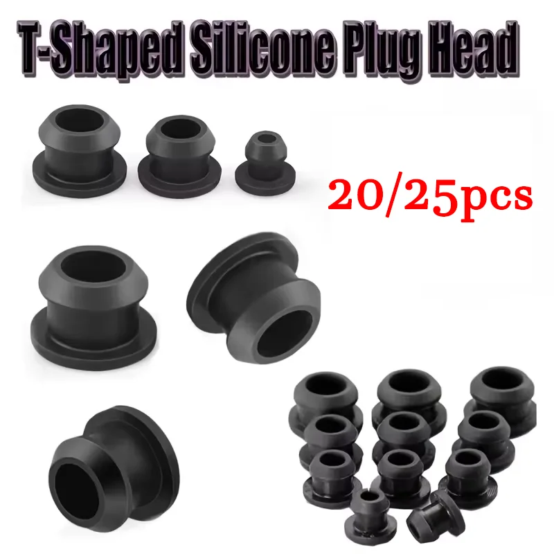 20/25Pcs Black Conical Snap-on Silicone Rubber T Type Plug Blanking End Caps Tube Inserts Bung Proof