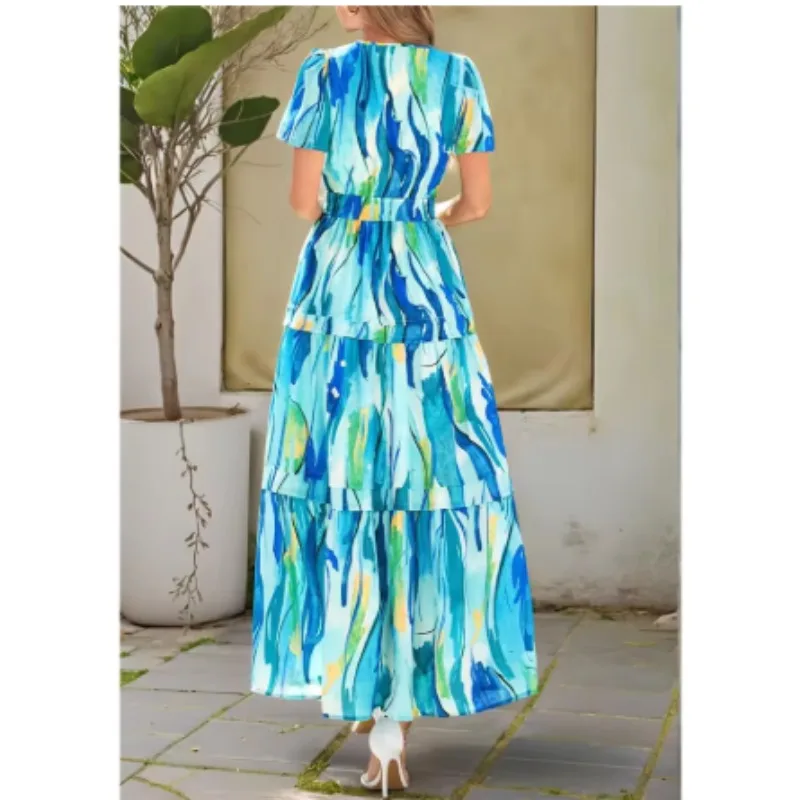 เดรสคอวีแขนยาวลายดอกไม้สไตล์โบฮีเมียนสำหรับงานปาร์ตี้ ชุดเดรสฤดูใบไม้ร่วงสำหรับผู้หญิง ชุดชายหาด ชุดเดรสวินเทจสุดหรู