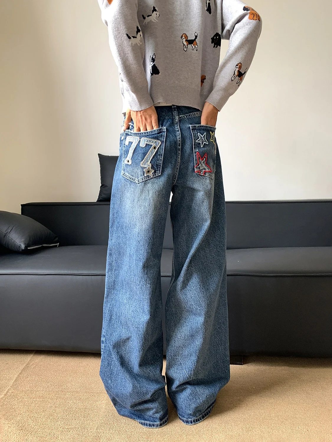 

American Style Star Patch Jeans Men Women Summer Cleanfit Loose Trendy Couple Drag Long Pants Casual Straight Leg Jeans