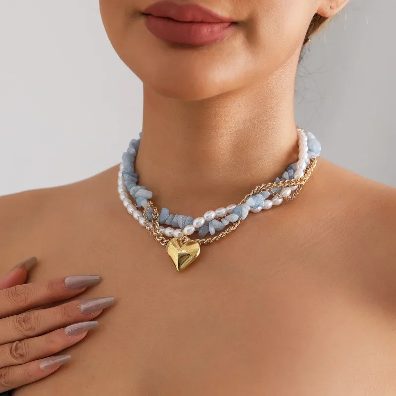Fashion Exaggerated Heart Pendant Necklaces for Women Creative Punk Pearl Stone Chain Choker Necklace Female Party Jewelry