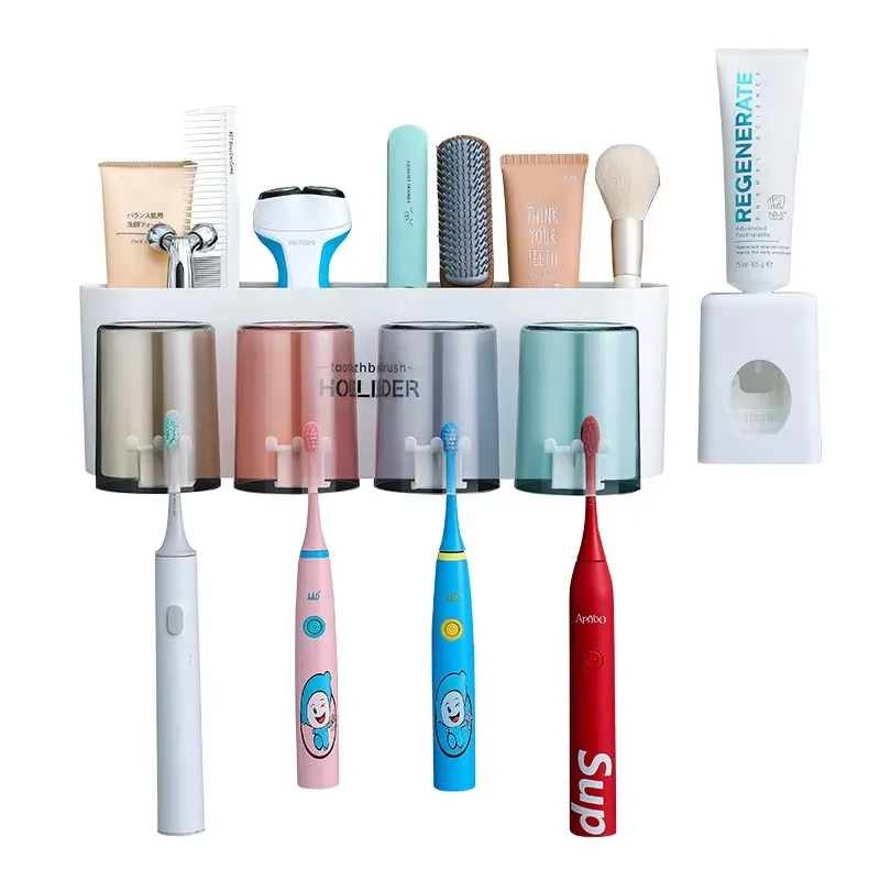 Plastic Wall-Mounted Toothbrush Holder with Storage Rack Brushing & Washing Cups Set for Whole Family bathroom accessories home