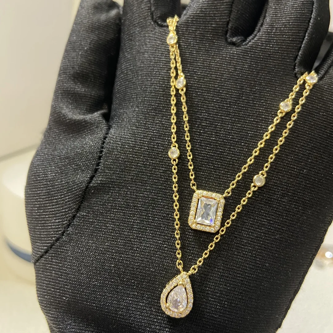 

925 sterling silver, L size diamond layered necklace paired with the same style ring
