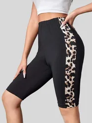 Pantalones cortos deportivos con estampado de leopardo negro para mujer, Leggings elásticos informales a la moda, cómodos y ajustados