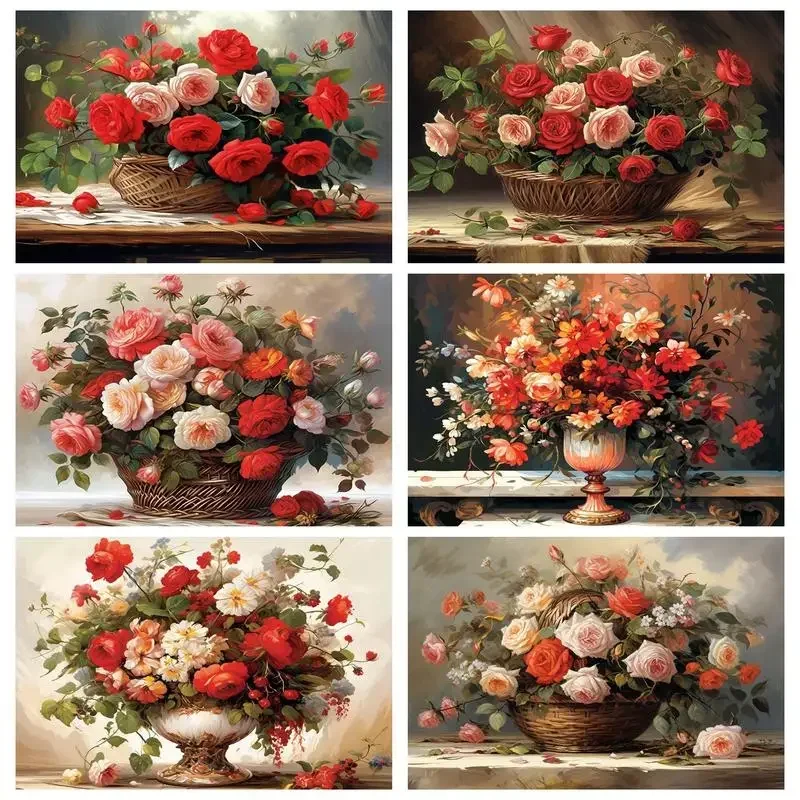 

344756 DIY Oil Painting By Numbers With Frame Flower Basket Pattern Acrylic Paints Kit Diy Arts Crafts For Adults For Home Wall