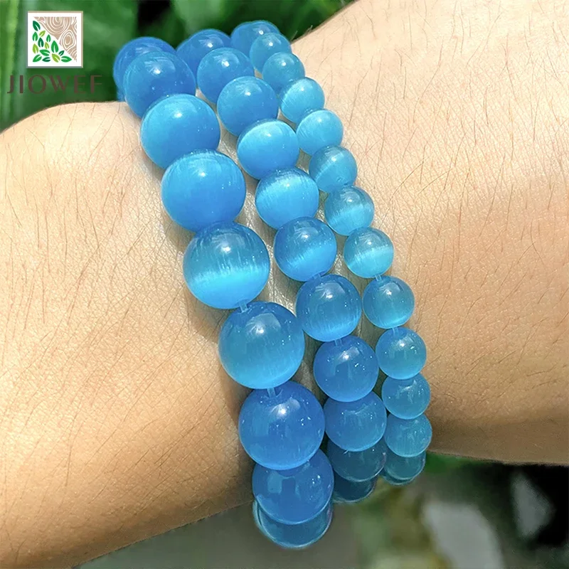 الحجر الطبيعي الأزرق القط العين الخرز أوبال حجر الجولة فضفاض الخرز أساور يدوية اكسسوارات 15 "ستراند 6/8/10 مللي متر لصنع المجوهرات
