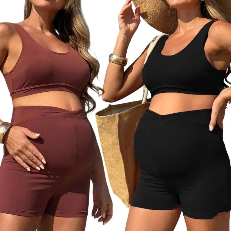 Maternity Swimwear Set Soft Nylon Fabric High Elasticity Comfortable Two Piece Swimsuit Multiple Size for Pregnant Women A2UB