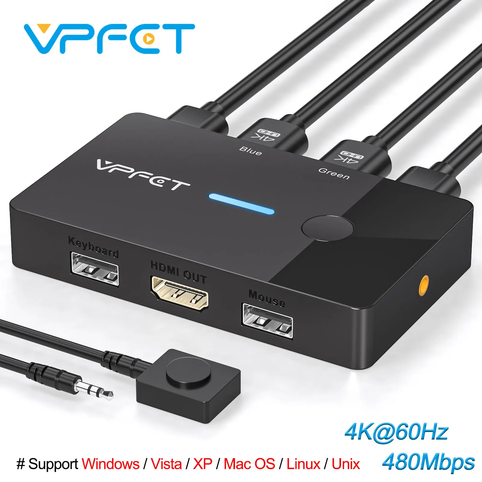 4K@60Hz HDMI KVM 스위치 1 모니터 2 컴퓨터 공유 키보드 마우스 USB 허브 플러그 앤 플레이 윈도우 맥 리눅스 지원 전원 불필요