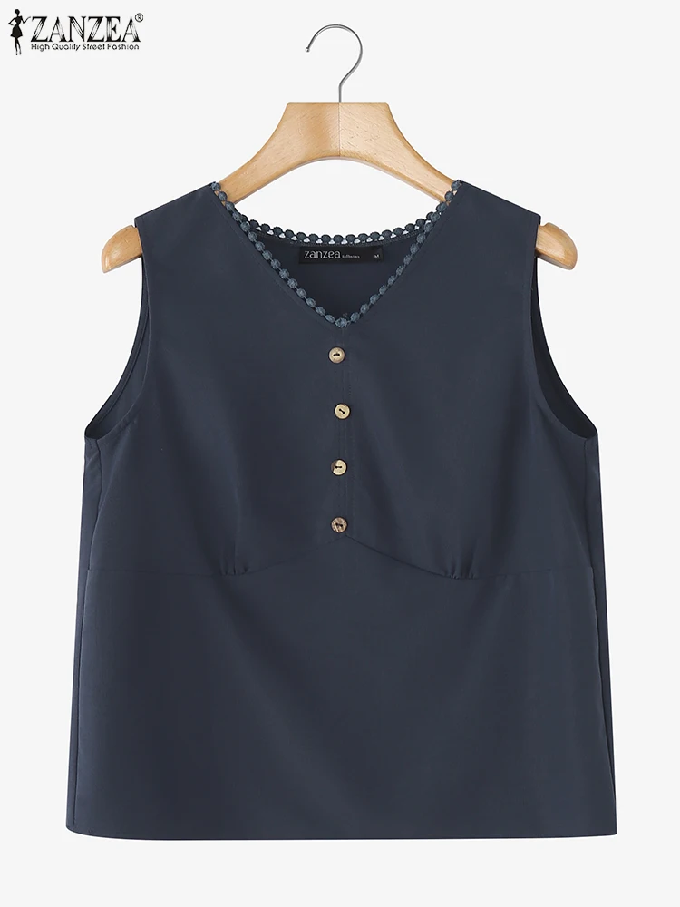 

ZANZEA Women Tops Summer Tanks 2025 Fashion Sleeveless Tees V-Neck Buttons Tunic Casual Solid Color Office Lady Streetwear Shirt
