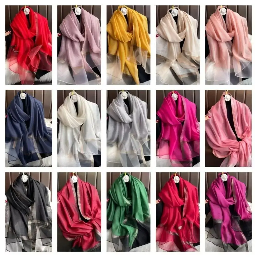 

New Large Luxury Organza Silk Scarf Elegant 180*70cm Solid Shawls Solid Color Beach UV Protection Turban For Women Hijab