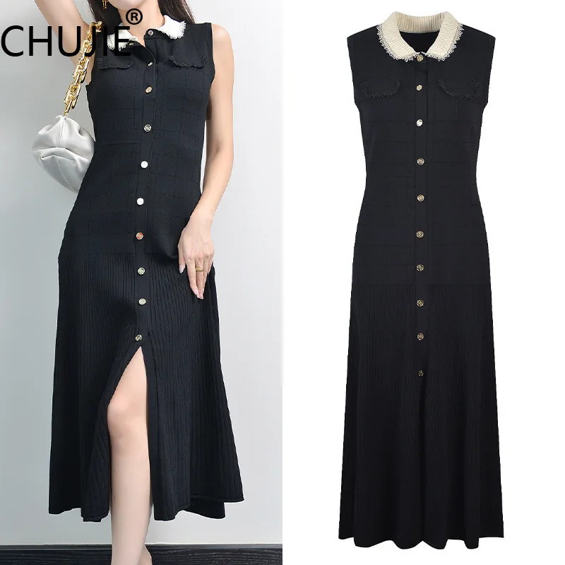 

CHUJIE 2025 Early Autumn Sleeveless Dress - Lace Trim Knit Waist-Defining Black Maxi With Vintage Buttons, Viscose+Nylon Blend