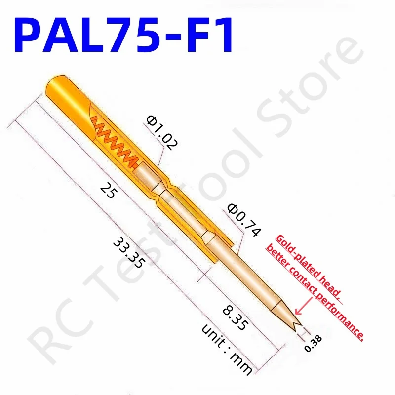 

100PCS PAL75-F1 Spring Test Probe PAL75-F Test Pin Test Tool 33.35mm Dia 1.02mm Gold Needle Tip 0.74mm Pogo Pin PL75-F PL75-F1