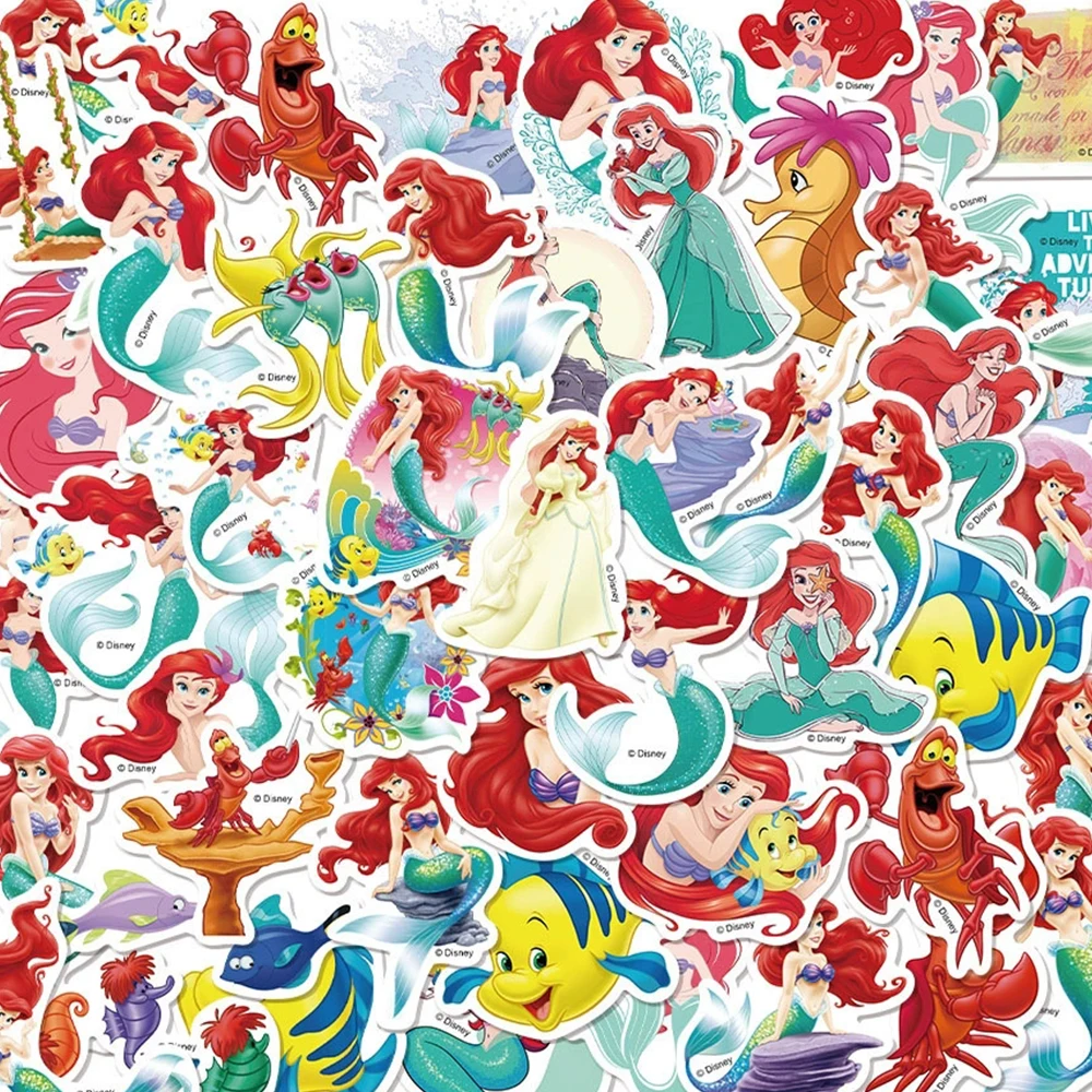 50pcs Disney The Little Mermaid Cartoon Graffiti Stickers Cute Anime Decal DIY Skateboard Phone Notebook Kawaii Sticker Toy Gift