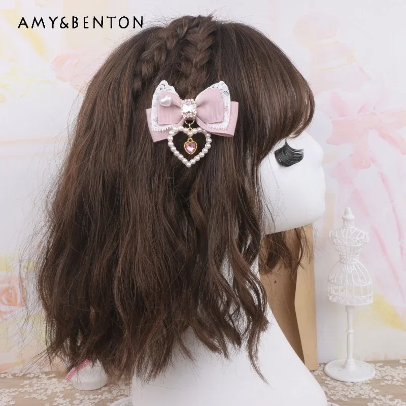 Japanese Mine Mass-Produced Cute Bow Hair Clips Sweet Lace Stitching Pearl Heart Pendant Hair Bows Lolita Girl Hair Accessories