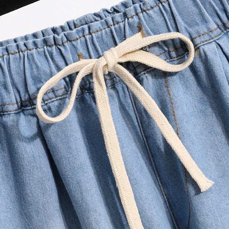 Oversize Denim Wide Leg Shorts Women Summer 90%Cotton Shorts Splice Lace Elastic Waist Cute Soft Girl Frilly Jeans Shorts