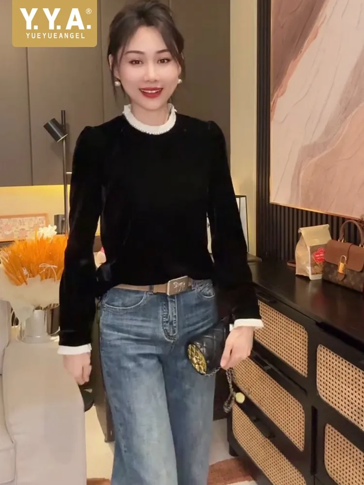 Spring New Women Black Long Sleeve T-shirt O-Neck Lace Pullover Tees Ruffles Collar Velvet Tops Coat Fashion Casual T-shirts