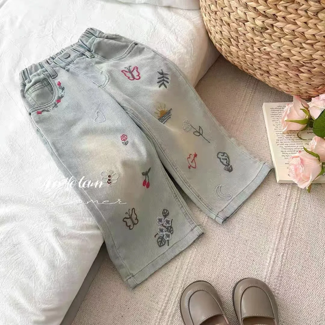 2024 Summer Autumn Girls 1-8 Years Cute Embroidery Jeans Pant Kids Denim Trousers