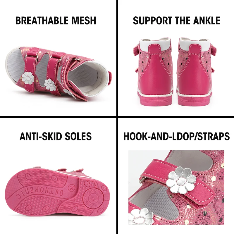 Orthopedic Sandal for Girls Kids Flower Buckle High-Top Brace-Like Ankle Support Corrective AFO Shoe for Children Princess Style