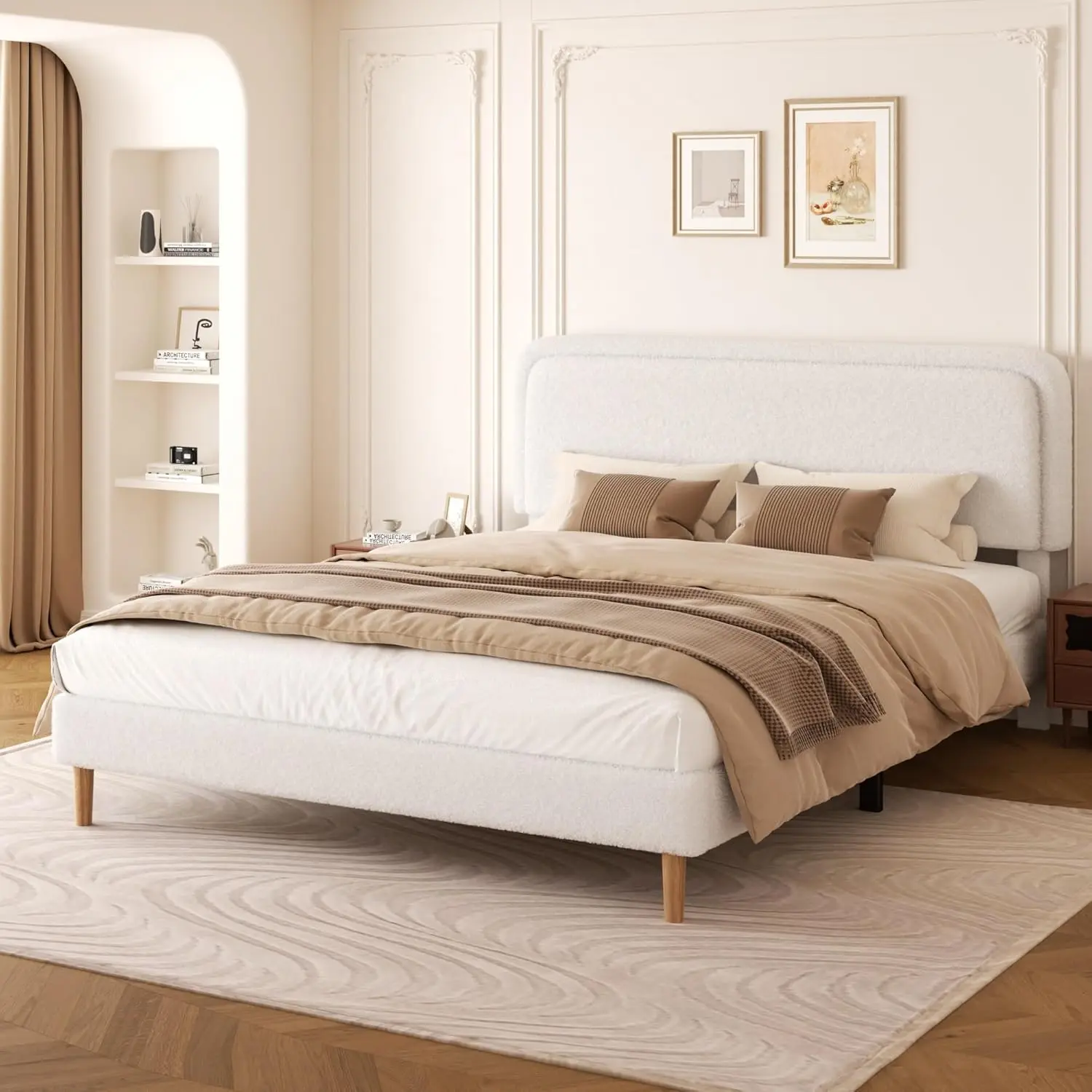 Large Upholstered Platform Bed with Adjustable Headboard, Soft Cloud Design, Easy Assembly in White