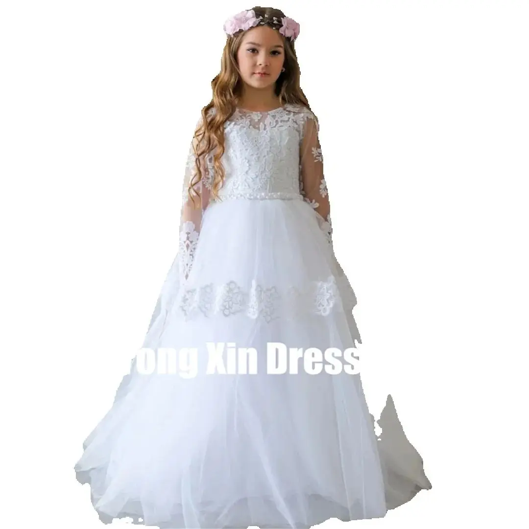Customized White Tulle Pearls Belt Long Sleeve Flower Girl Dresses Lace Appliques For Wedding Birthday Party Holy Communion Gown