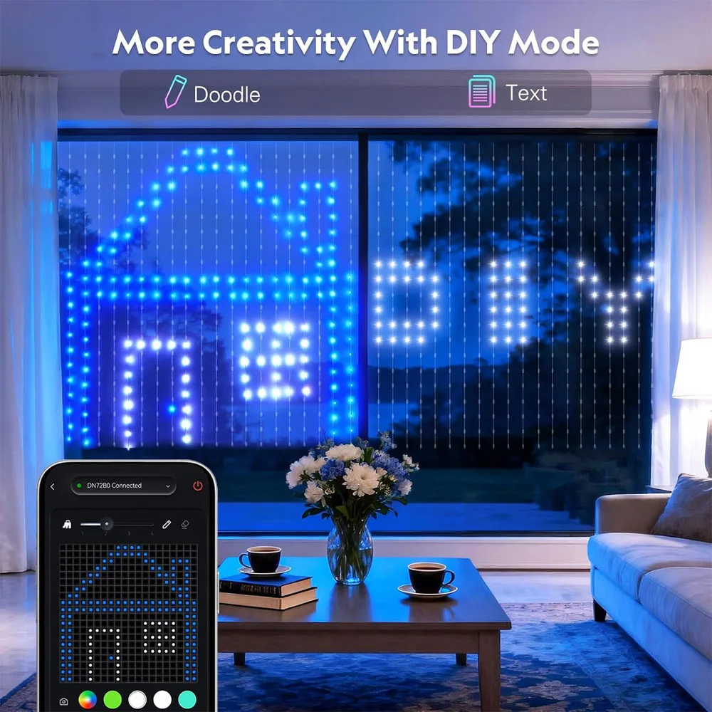1/2/4PCS Smart LED Curtain Lights LED Fairy Lights App Control Music Sync DIY Pattern Waterproof for Indoor Outdoor Party Decor