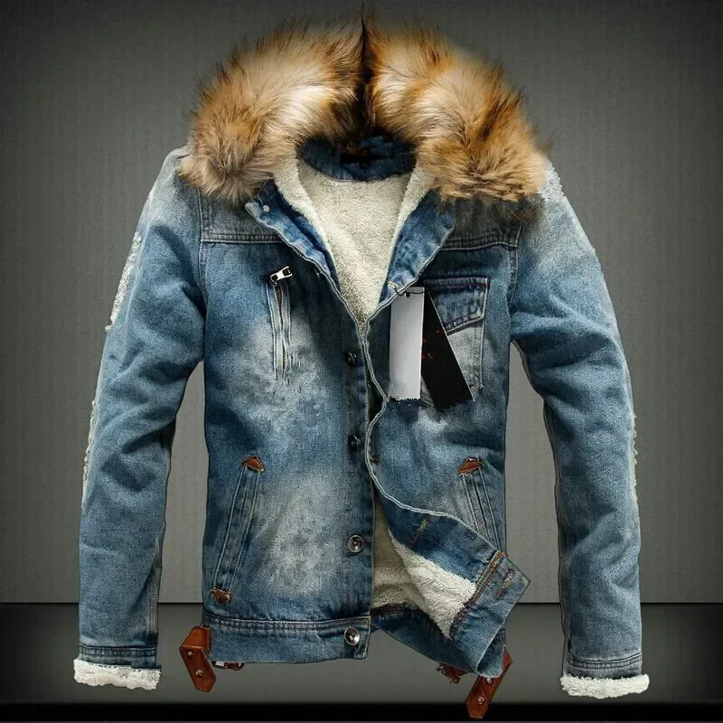 Winter Mens Denim Jacket with Fur Collar Retro Ripped Fleece Jeans Jacket and Coat for Autumn Winter S-6XL