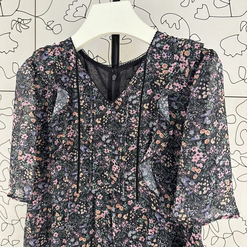 우아한 플로럴 프린트 맥시 드레스 V넥 버블 슬리브 가벼운 드리프팅 아일랜드 스타일 여름 가을 여성 드레스 여행 친화적