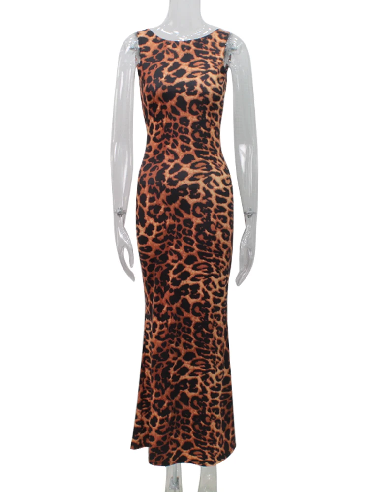 Cnyishe Sexy Club Party Leopard Print Maxi Kleider Frauen Mode Ärmellose Zurück Aushöhlen Schlank Mantel Bodycon Vestidos Roben