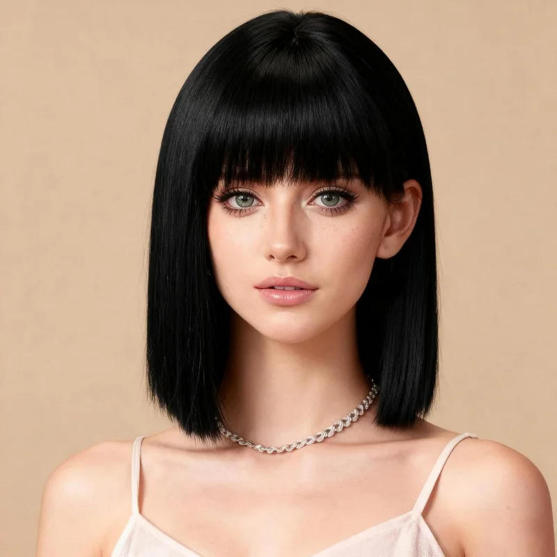 

Black Bob Wigs For Women Short Bob With Bangs Heat Resistant Synthetic Hair 12 Inch For Daily Party Halloween Costume Use