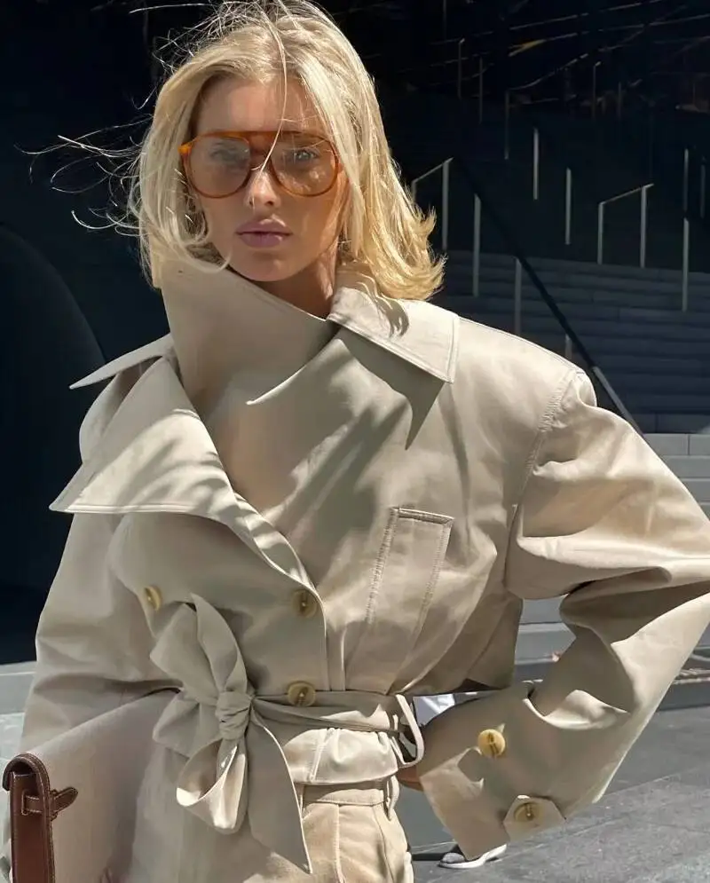 2025 New Women's British Wind Trench Style Double-Breasted Long Sleeve Belt Lapel Jacket Short Coat