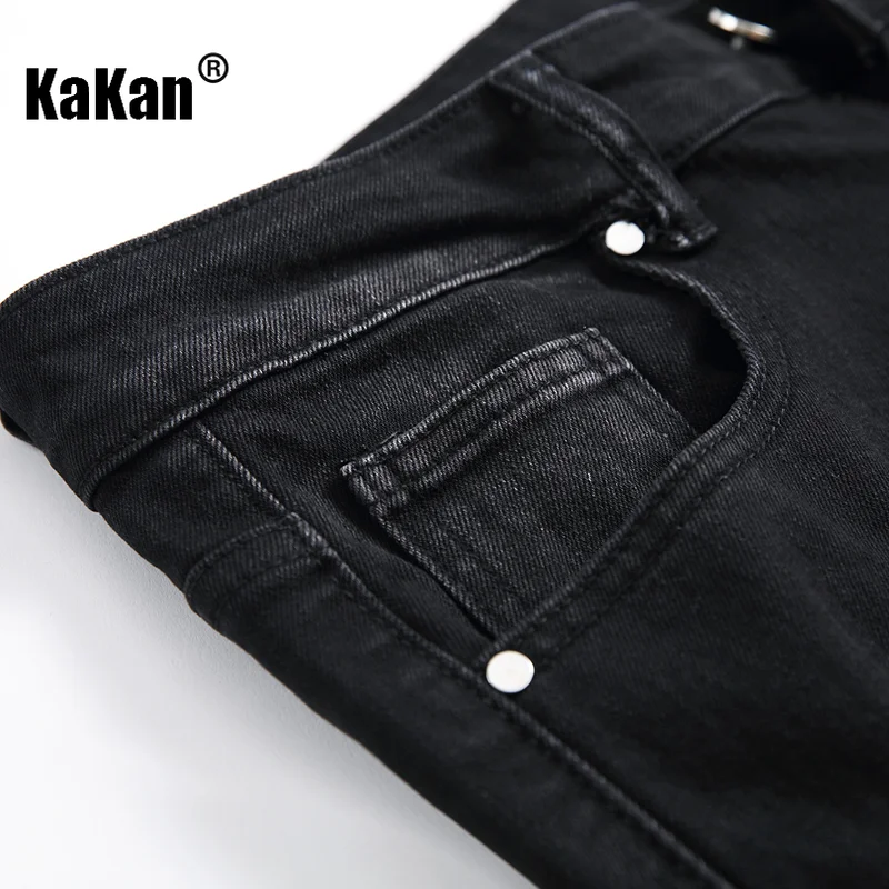 Kakan - European and American New Black Pleated Motorcycle Jeans for Men, Small Straight Fit Men's Worn Long Jeans K21-1209