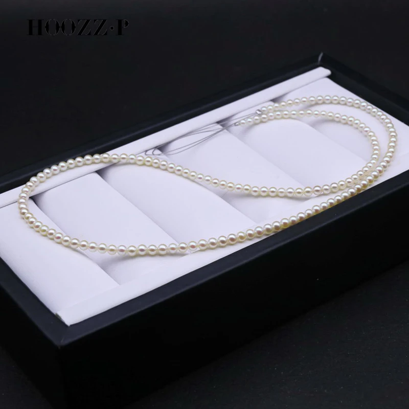 HOOZZ.P Akoya Pearl Necklace Adjustable Length 3-4mm Round Japanese Saltwater White Pearls Beads AAA S925 Silver Luxury Jewelry