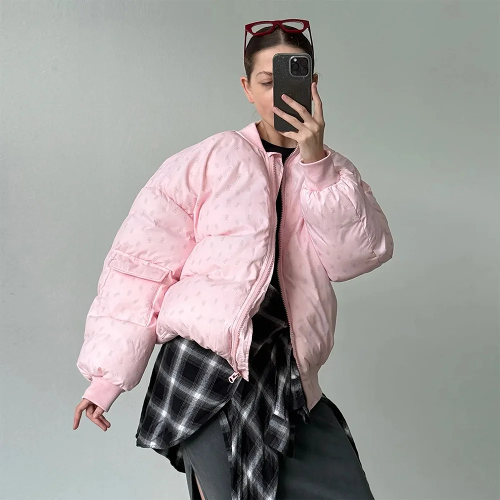 Sweet Geometric Print Threaded Pocket Design Bread Cotton Jacket Winter Women Chic Loose Warm Music Saving Campus Casual Jacket
