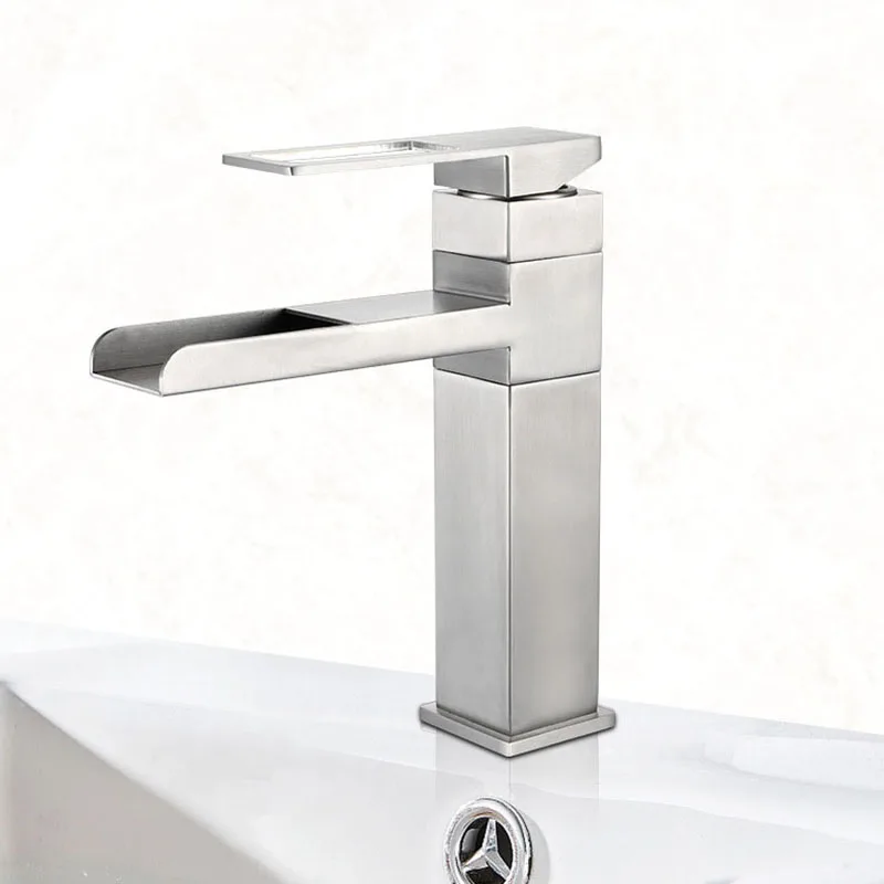 304 Stainless Steel Waterfall Bathroom Basin Faucet Single Hole Single Handle Hot And Cold Mixed Faucets Rotation Sink Tap