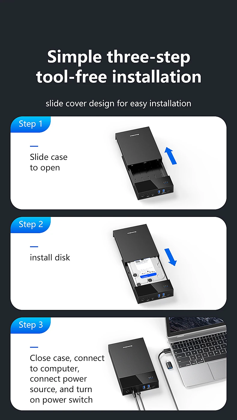 Blueendless 2,5/3,5 Zoll HDD/SSD-Gehäuse mit USB3.0-HUB, Unterstützt 18TB, Typ-C-zu-SATA-Adapter, Werkzeugfreies HDD-Gehäuse mit 12V-Stromadapter – Detail 15