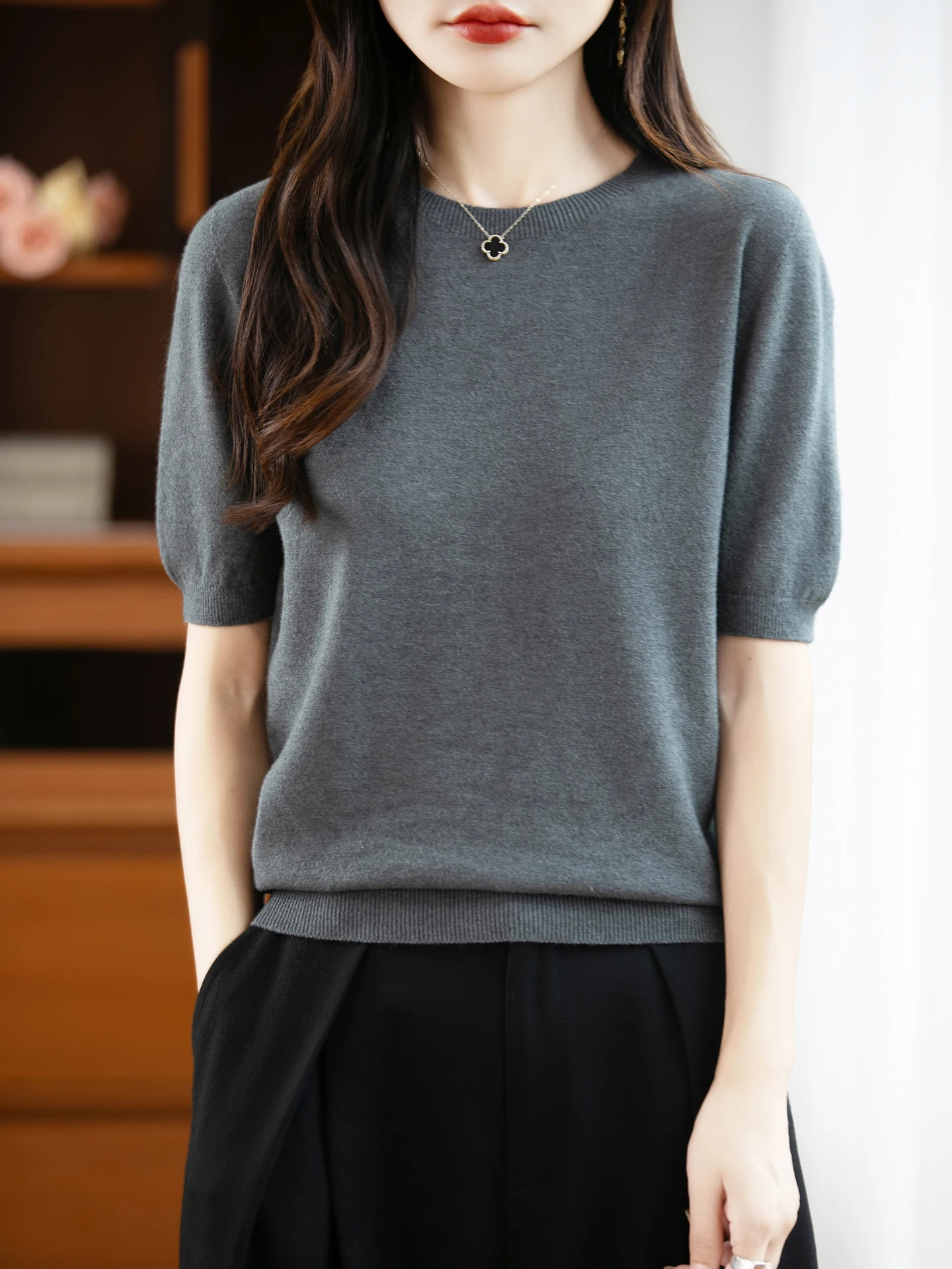 

Basic Women's Spring Autumn Sweater Merino Wool Knitted Pullover O-Neck New Blouse Lady Half Sleeve Clothing Tops Solid Jersey