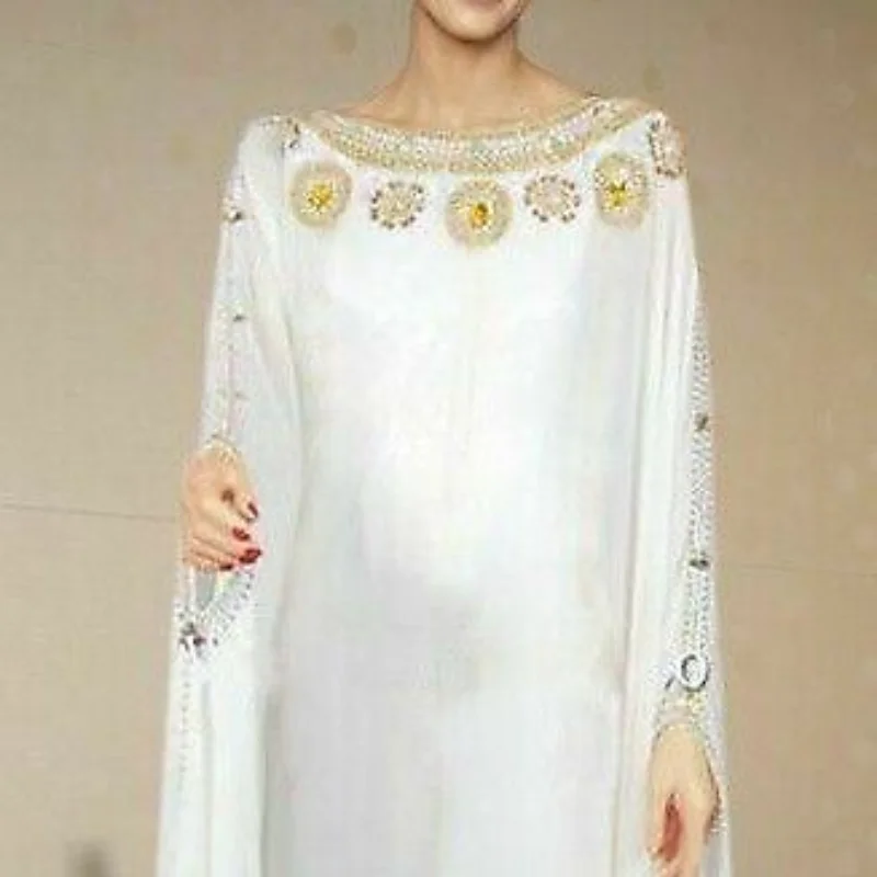 White Morocco Dubai Kaftans Farasha Abaya Dresses Fancy Long Dresses with European and American Fashion Trends